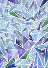 Watercolor painted random triangles texture, with blue, cyan and purple parts, hand drawn, geometric.