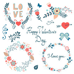 Romantic collection with flowers, wreaths and other graphic