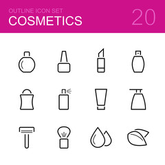 Cosmetics vector outline icon set - perfume, polish, lipstick, deodorant, bottle, spray, cream, soap, razor, brush, drops and leaves