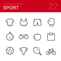 Sport vector outline icon set - clothes, t-shirt, shorts, boxing glove, stopwatch, dumbbells, apple, scales, ball, bowl, tennis racket and bicycle