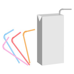 Milk or Juice Box Mock Up With drinking straw and Set of Colorful Straws. Vector