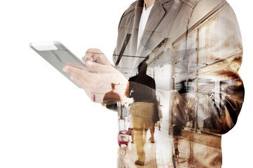 Double exposure of Business Man and Airport Terminal with People