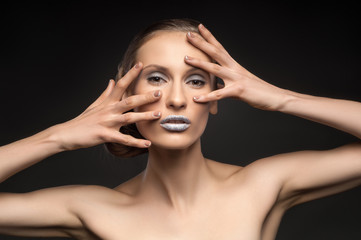 Fototapeta premium High fashion look, closeup beauty portrait bright makeup, colorful blue bright lips