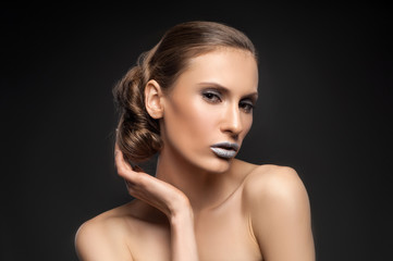 Naklejka premium High fashion look, closeup beauty portrait bright makeup, colorful blue bright lips
