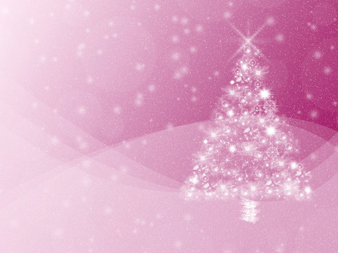 Vibrant pink winter holidays greeting card background, with white Christmas tree and snow. Copyspace.