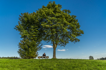 Mann auf Holzbank in freier Natur wartet und grübelt