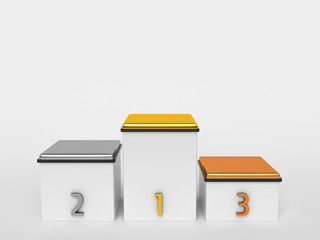 Sports Podium with golden, silver and bronze numbers 1st, 2nd and 3rd place on a white