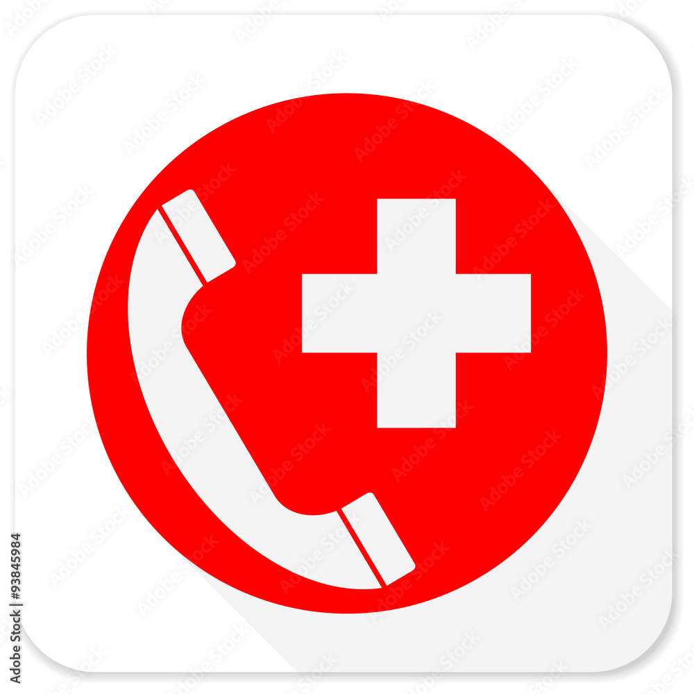 Poster emergency call red flat icon with long shadow on white background