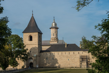 Fototapeta na wymiar View of Dragomirna monastery behind trees