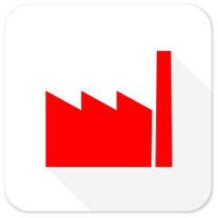 factory red flat icon with long shadow on white background