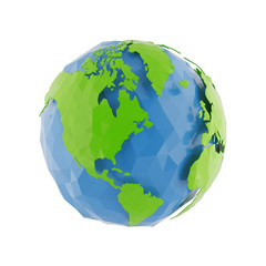 3d Globe Earth icon of the world in abstract triangle style on white background. Lowpoly stylized.