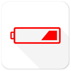 battery red flat icon with long shadow on white background