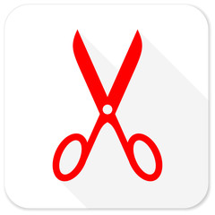 scissors red flat icon with long shadow on white background