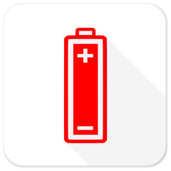 battery red flat icon with long shadow on white background