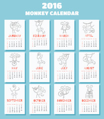 Calendar with monkeys for 2016