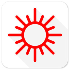 sun red flat icon with long shadow on white background