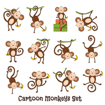 Twelve funny monkey cartoon icons set