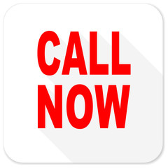 call now red flat icon with long shadow on white background