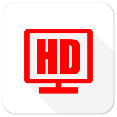 hd display red flat icon with long shadow on white background