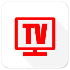 tv red flat icon with long shadow on white background