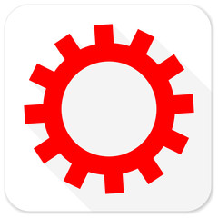 gear red flat icon with long shadow on white background