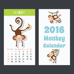 Calendar with a cute monkey icons for 2016. The month of March. 