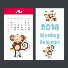 Calendar with a monkey for 2016. The month of July. 