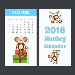 Cute kids 2016 calendar pages with monkey. December.
