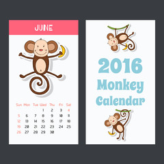 Cute kids 2016 calendar pages with monkey. June.