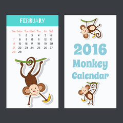 Calendar with a cute monkey icons for 2016. February. 