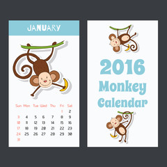 Calendar with a monkey for 2016. The month of January. 