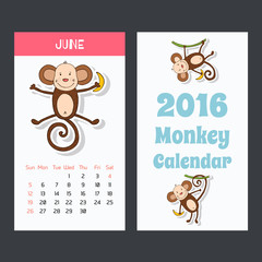 Calendar with a cute monkey icons for 2016. June. 