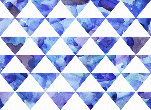 Watercolor painted seamless texture of blue triangles, raster illustration.