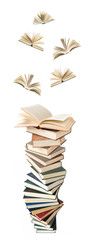 Naklejka premium Book pile with open books flying away isolated on white background. Education concept