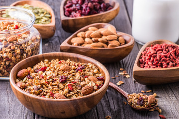 Obraz na płótnie Canvas Homemade granola with milk, berries, seeds and nuts