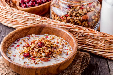 Homemade granola with milk, berries, seeds and nuts
