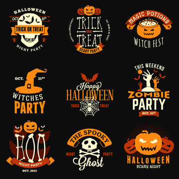 Set of Retro Vintage Happy Halloween Badges, Stickers, Labels. Design Elements for Greetings Card or Party Flyer. Vector Illustration