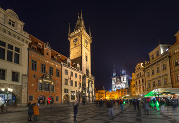 Fototapeta na wymiar Old Town Square and Astronomical Clock Orloj in Prague at night. Czech Republic