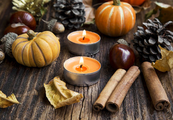 Fall Decoration.Pumpkins,Orange Candles,Cinnamon,Chestnuts and A