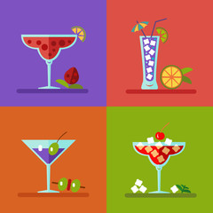 Vector illustration of alcohol bottles, drinks, and cocktails icons set in flat design style. Including different snacks - cherry, strawberry, lime and olive.