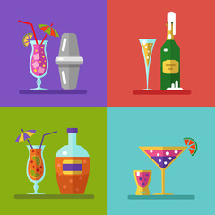 Vector illustration of alcohol bottles, drinks, and cocktails icons set in flat design style. Including cocktail shaker.