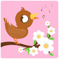 Cute bird singing on a tree branch full of flowers. Vector illustration