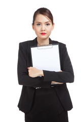 Young Asian business woman hold clipboard