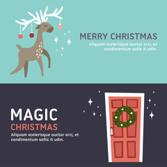 Christmas and New Year Cute Hand Drawn Vector Decorative Design Elements with Cartoon Characters. Vector Template for Greeting Postcard or Promotional Web Banner