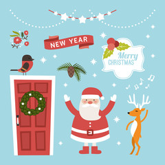 Set of Christmas and New Year Cute Hand Drawn Vector Decorative Design Elements with Cartoon Characters