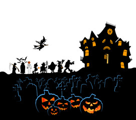 halloween pumpkins with costumes cemetery and haunted house