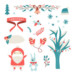 Set of Christmas and New Year Cute Hand Drawn Vector Decorative Design Elements with Cartoon Characters