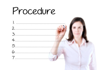 Business woman writing blank procedure list. Isolated on white. 