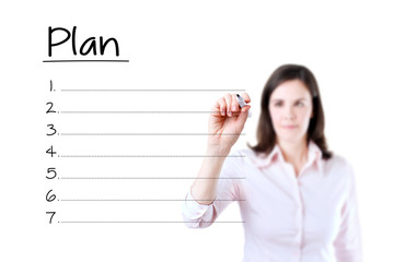 Business woman writing blank plan list. Isolated on white. 