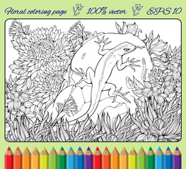 coloring page with flowers, grass, rock and lizard